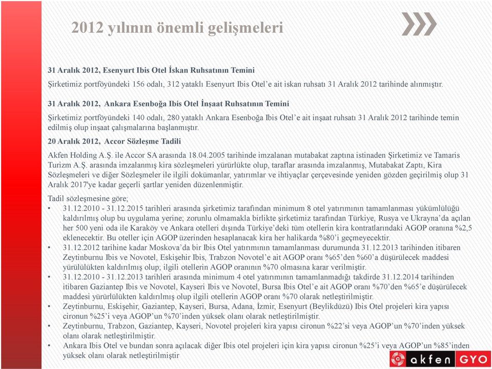 31 Aralık 2012, Ankara Esenboğa Ibis Otel İnşaat Ruhsatının Temini Şirketimiz portföyündeki 140 odalı, 280 yataklı Ankara Esenboğa Ibis Otel e ait inşaat ruhsatı 31 Aralık 2012 tarihinde temin