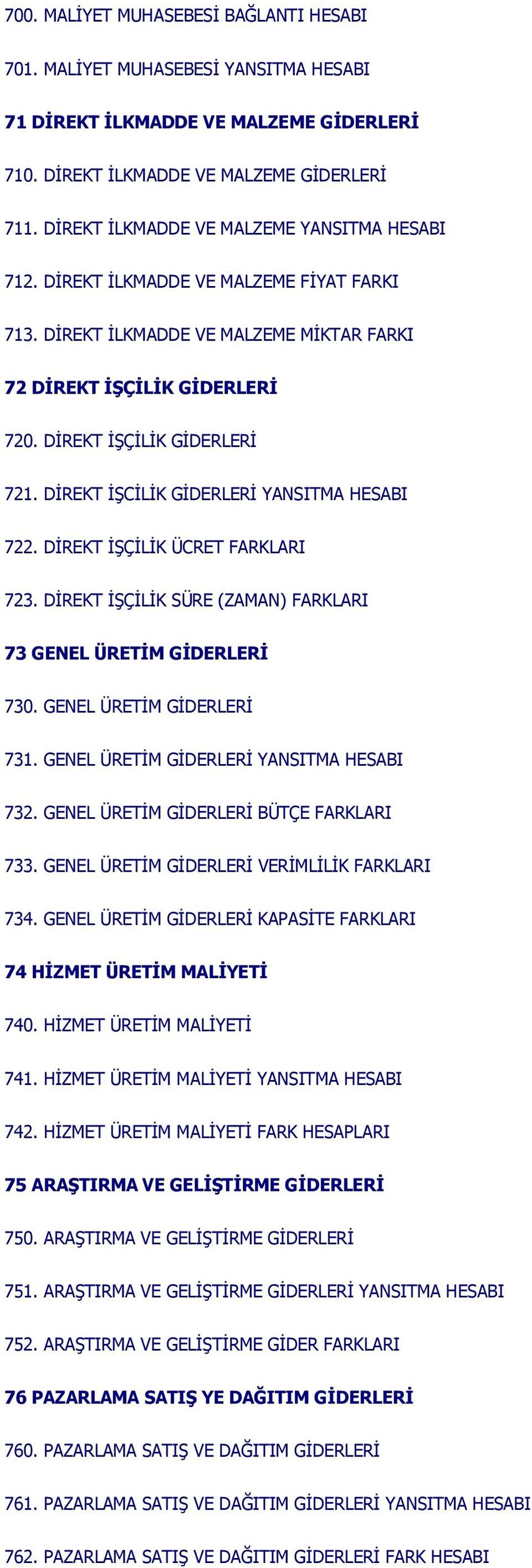 DİREKT İŞCİLİK GİDERLERİ YANSITMA HESABI 722. DİREKT İŞÇİLİK ÜCRET FARKLARI 723. DİREKT İŞÇİLİK SÜRE (ZAMAN) FARKLARI 73 GENEL ÜRETİM GİDERLERİ 730. GENEL ÜRETİM GİDERLERİ 731.