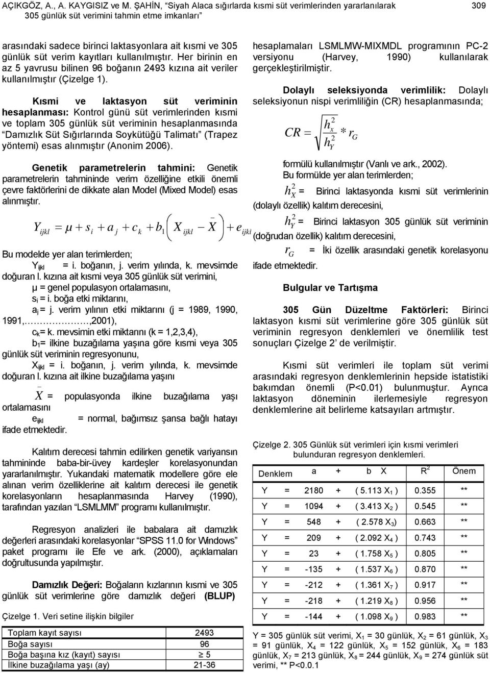 kayıtları kullanılmıştır. Her birinin en az 5 yavrusu bilinen 96 boğanın 493 kızına ait veriler kullanılmıştır (Çizelge 1).