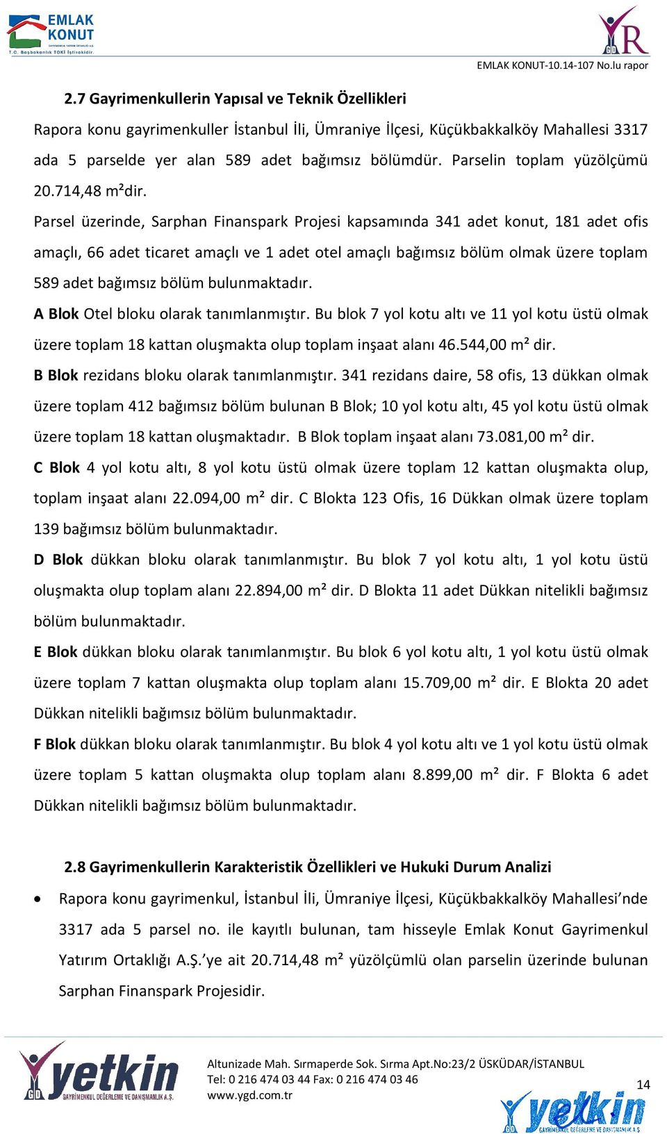 Parsel üzerinde, Sarphan Finanspark Projesi kapsamında 341 adet konut, 181 adet ofis amaçlı, 66 adet ticaret amaçlı ve 1 adet otel amaçlı bağımsız bölüm olmak üzere toplam 589 adet bağımsız bölüm