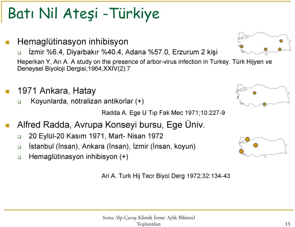 Türk Hijyen ve Deneysel Biyoloji Dergisi;1964;XXIV(2):7 1971 Ankara, Hatay Koyunlarda, nötralizan antikorlar (+) Radda A.