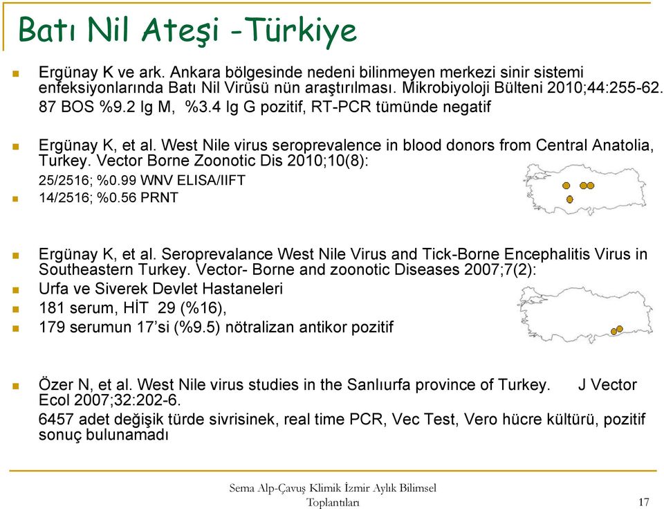 Vector Borne Zoonotic Dis 2010;10(8): 25/2516; %0.99 WNV ELISA/IIFT 14/2516; %0.56 PRNT Ergünay K, et al. Seroprevalance West Nile Virus and Tick-Borne Encephalitis Virus in Southeastern Turkey.