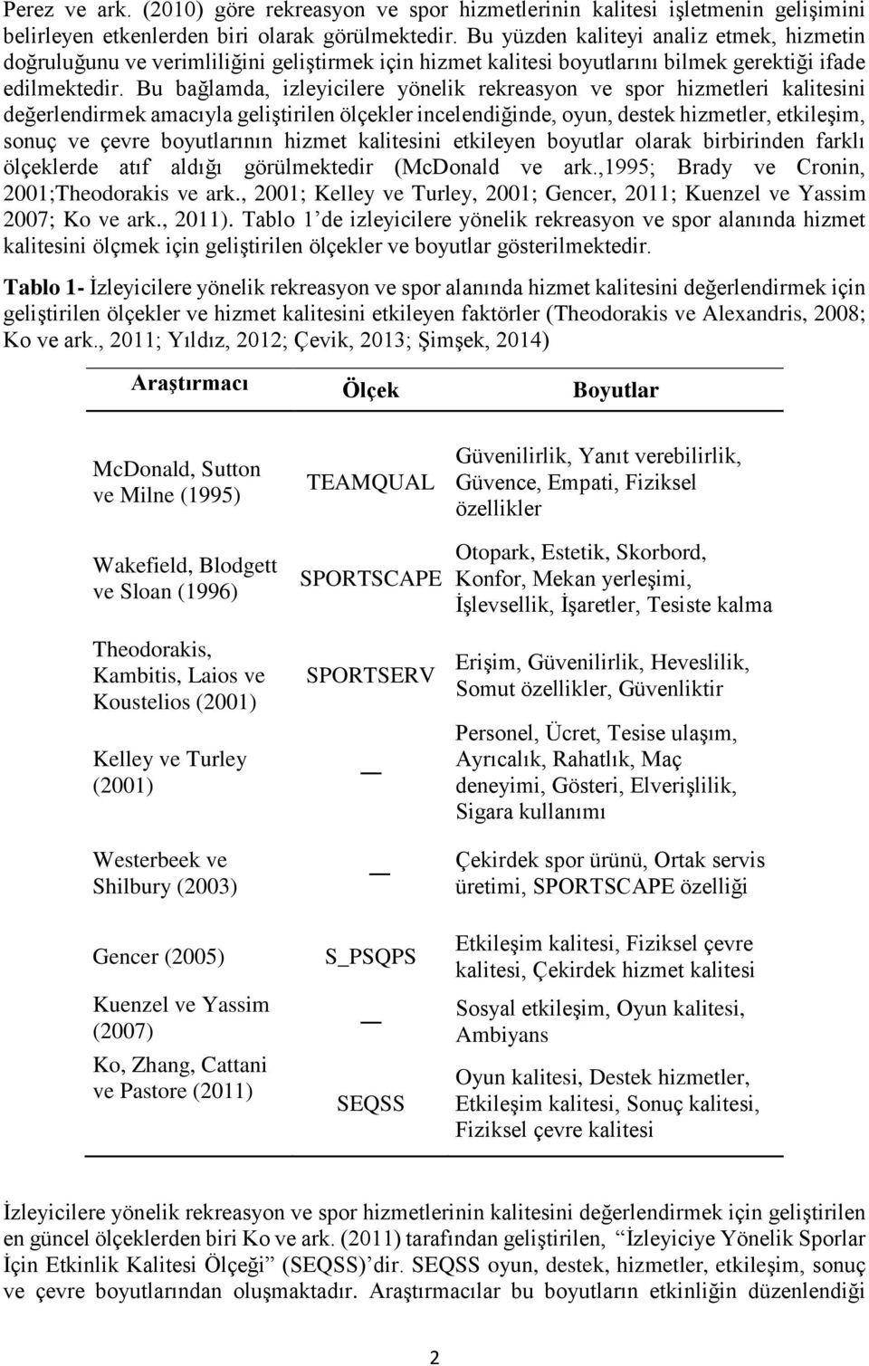 Bu bağlamda, izleyicilere yönelik rekreasyon ve spor hizmetleri kalitesini değerlendirmek amacıyla geliştirilen ölçekler incelendiğinde, oyun, destek hizmetler, etkileşim, sonuç ve çevre boyutlarının