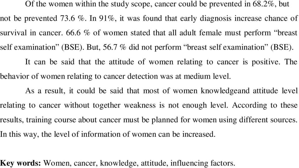 It can be said that the attitude of women relating to cancer is positive. The behavior of women relating to cancer detection was at medium level.