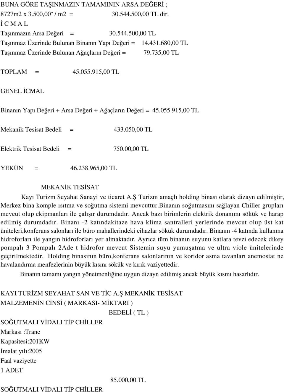 050,00 TL Elektrik Tesisat Bedeli = 750.00,00 TL YEKÜN = 46.238.965,00 TL MEKANİK TESİSAT Kayı Turizm Seyahat Sanayi ve ticaret A.