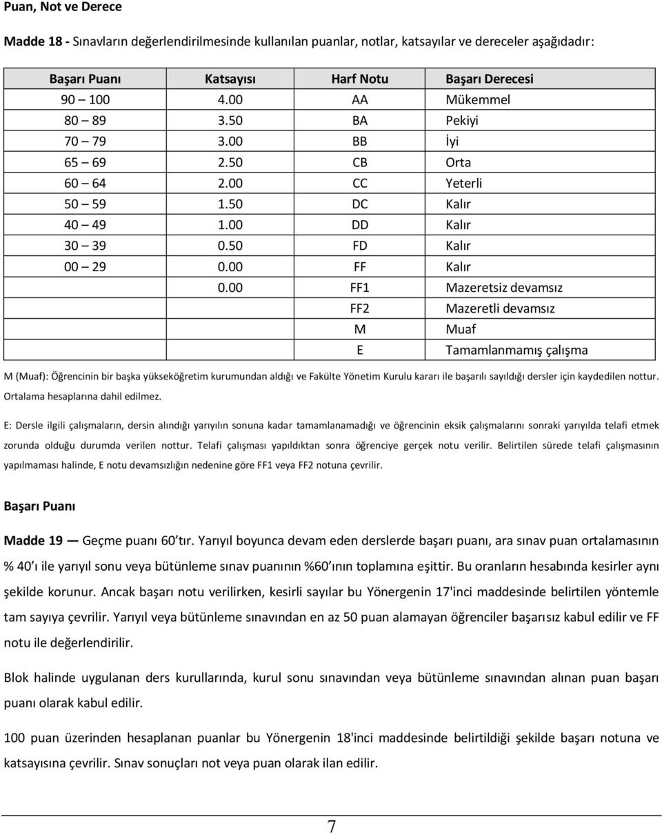 00 FF1 Mazeretsiz devamsız FF2 Mazeretli devamsız M Muaf E Tamamlanmamış çalışma M (Muaf): Öğrencinin bir başka yükseköğretim kurumundan aldığı ve Fakülte Yönetim Kurulu kararı ile başarılı sayıldığı