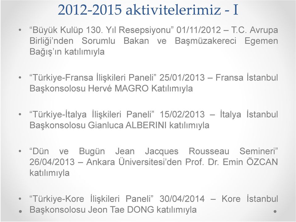 Başkonsolosu Hervé MAGRO Katılımıyla Türkiye-İtalya İlişkileri Paneli 15/02/2013 İtalya İstanbul Başkonsolosu Gianluca ALBERINI katılımıyla