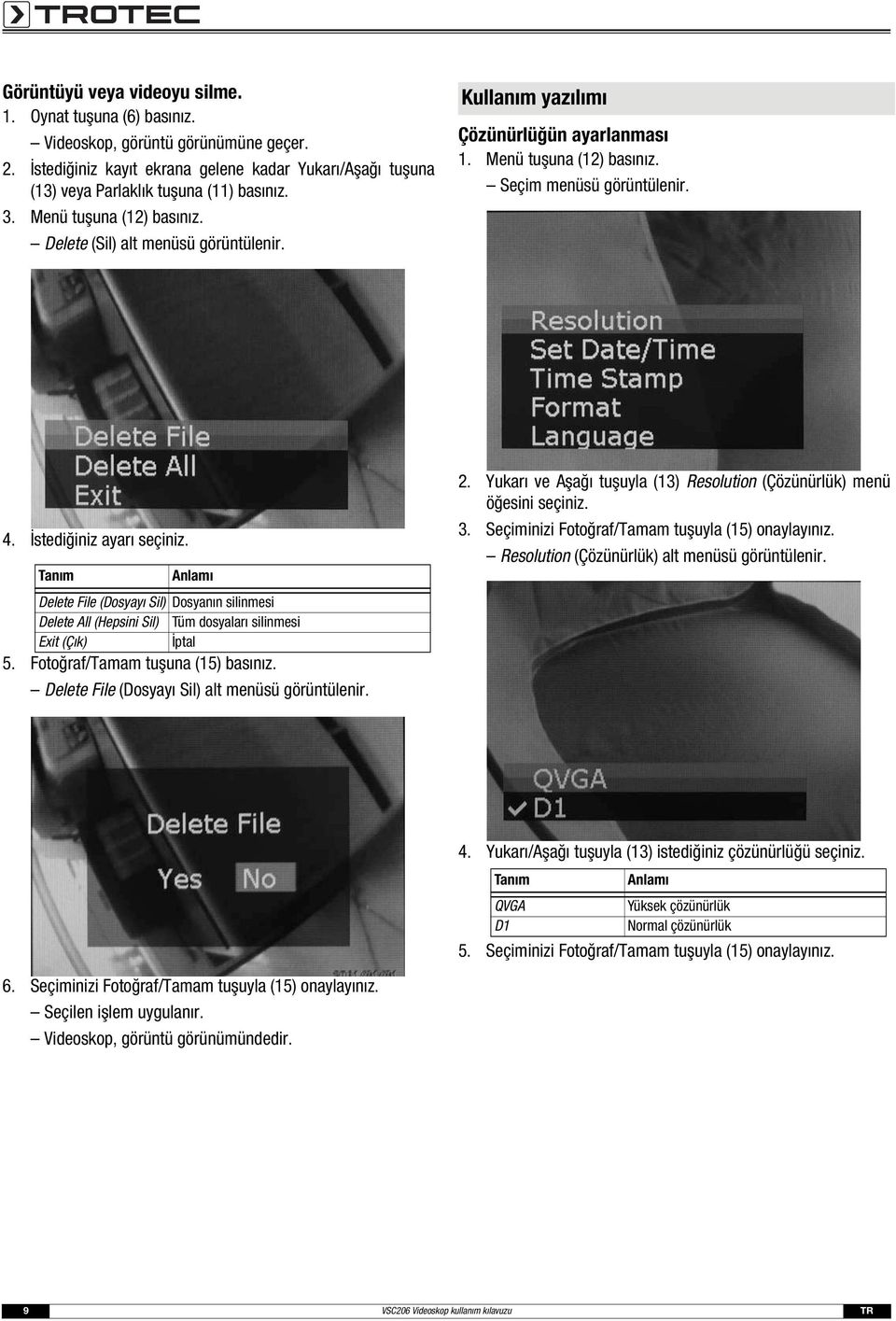 Tanım Anlamı Delete File (Dosyayı Sil) Dosyanın silinmesi Delete All (Hepsini Sil) Tüm dosyaları silinmesi Exit (Çık) İptal 5. Fotoğraf/Tamam tuşuna (15) basınız.