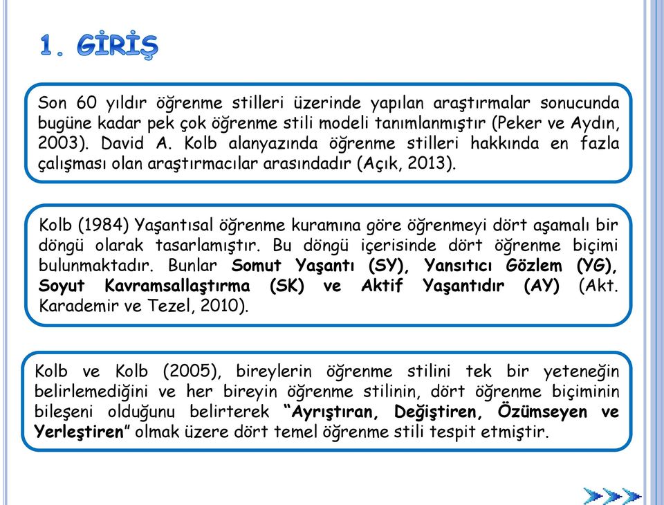 Kolb (1984) Yaşantısal öğrenme kuramına göre öğrenmeyi dört aşamalı bir döngü olarak tasarlamıştır. Bu döngü içerisinde dört öğrenme biçimi bulunmaktadır.