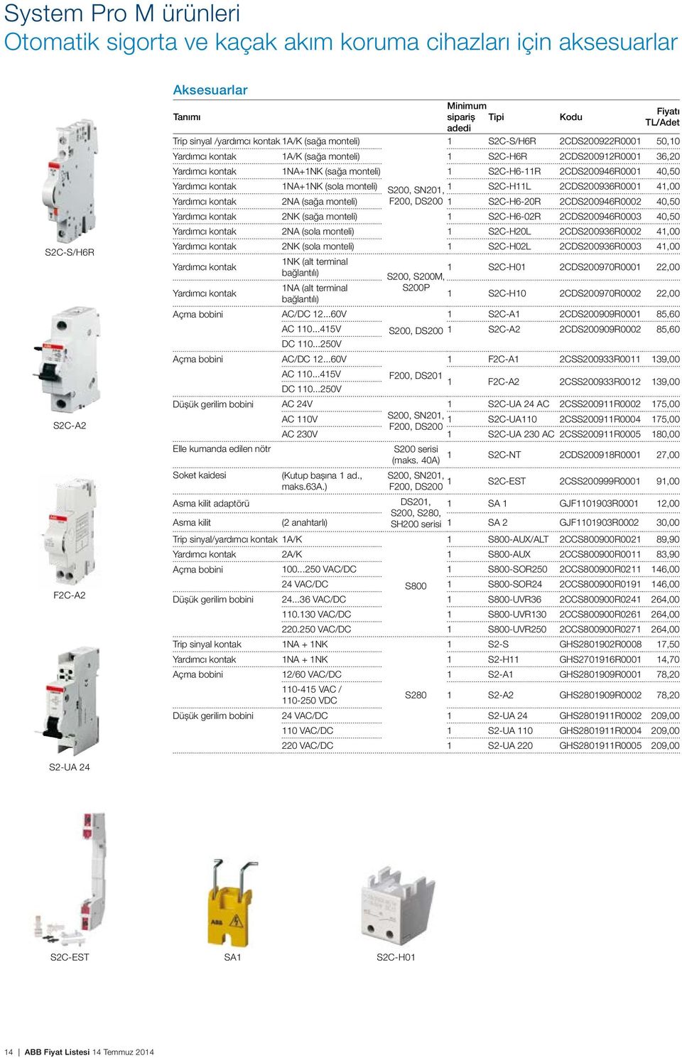 1NA+1NK (sola monteli) S200, SN201, 1 S2C-H11L 2CDS200936R0001 41,00 Yardımcı kontak 2NA (sağa monteli) F200, DS200 1 S2C-H6-20R 2CDS200946R0002 40,50 Yardımcı kontak 2NK (sağa monteli) 1 S2C-H6-02R