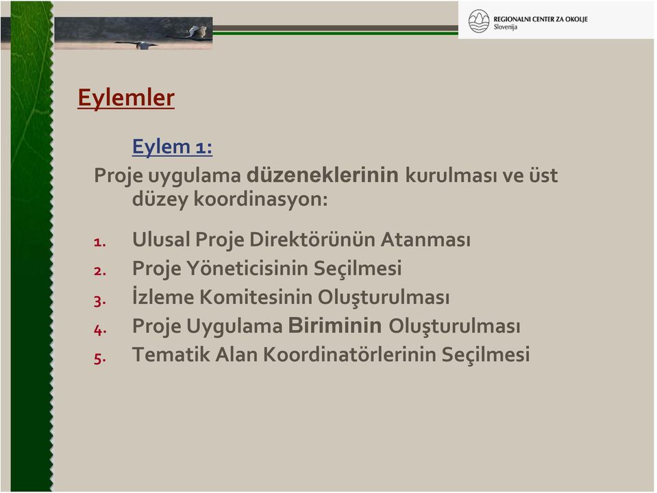 Proje Yöneticisinin Seçilmesi 3. İzleme Komitesinin Oluşturulması 4.