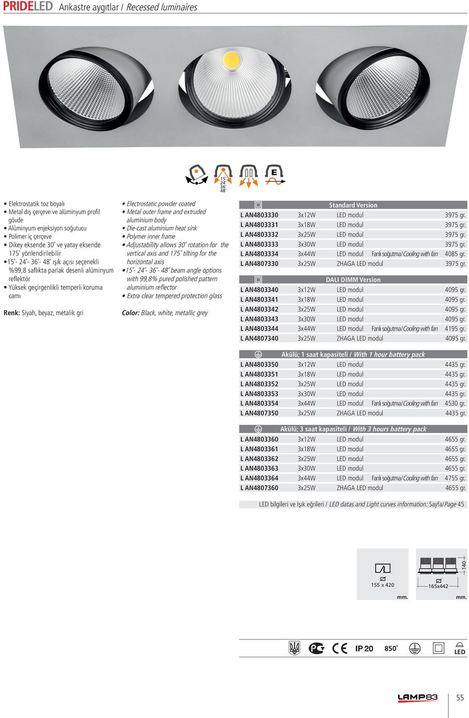 Color: Black, white, metallic grey L AN4803330 3x12W modul 3975 gr. L AN4803331 3x18W modul 3975 gr. L AN4803332 3x25W modul 3975 gr. L AN4803333 3x30W modul 3975 gr.