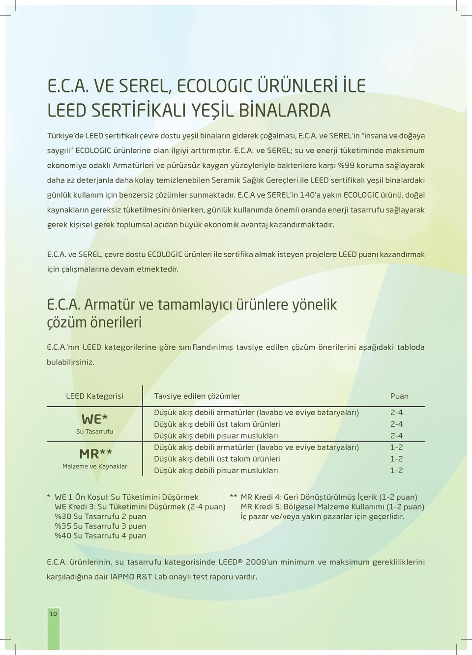 ve SEREL; su ve enerji tüketiminde maksimum ekonomiye odaklı Armatürleri ve pürüzsüz kaygan yüzeyleriyle bakterilere karşı %99 koruma sağlayarak daha az deterjanla daha kolay temizlenebilen Seramik