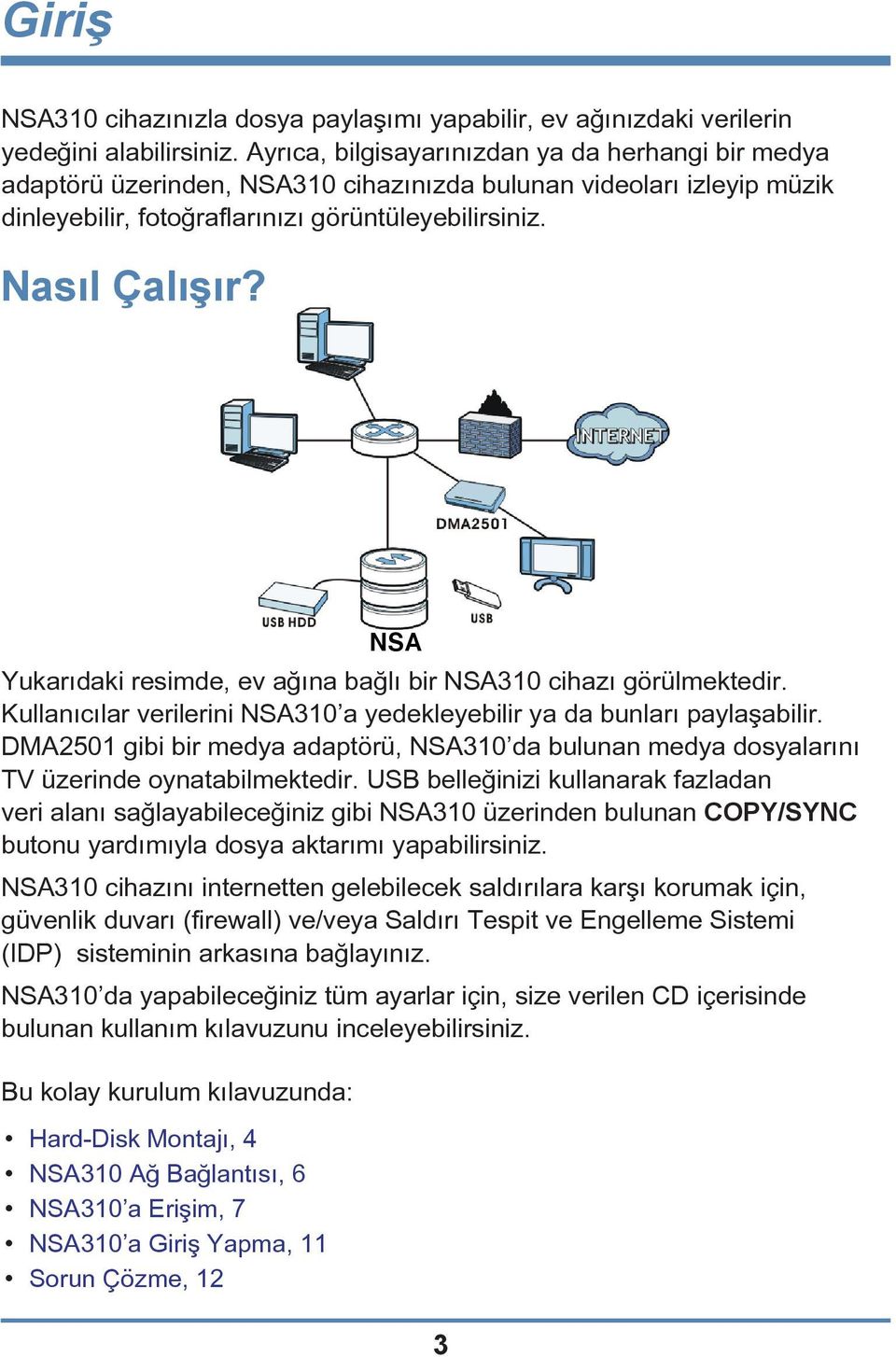 Yukarıdaki resimde, ev ağına bağlı bir NSA310 cihazı görülmektedir. Kullanıcılar verilerini NSA310 a yedekleyebilir ya da bunları paylaşabilir.