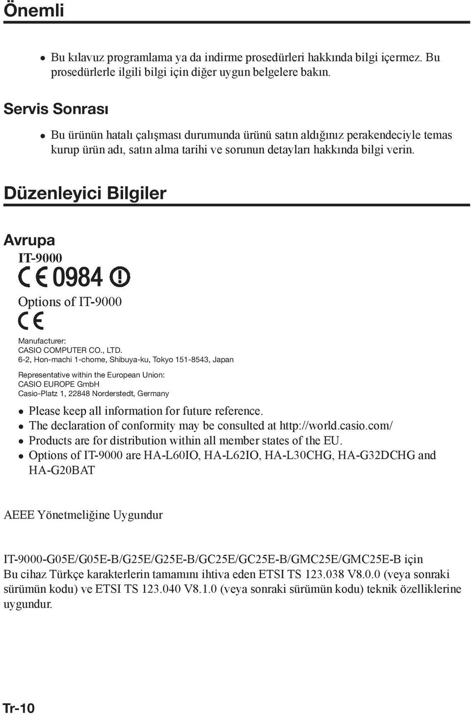 Düzenleyici Bilgiler Avrupa IT-9000 Options of IT-9000 Manufacturer: CASIO COMPUTER CO., LTD.