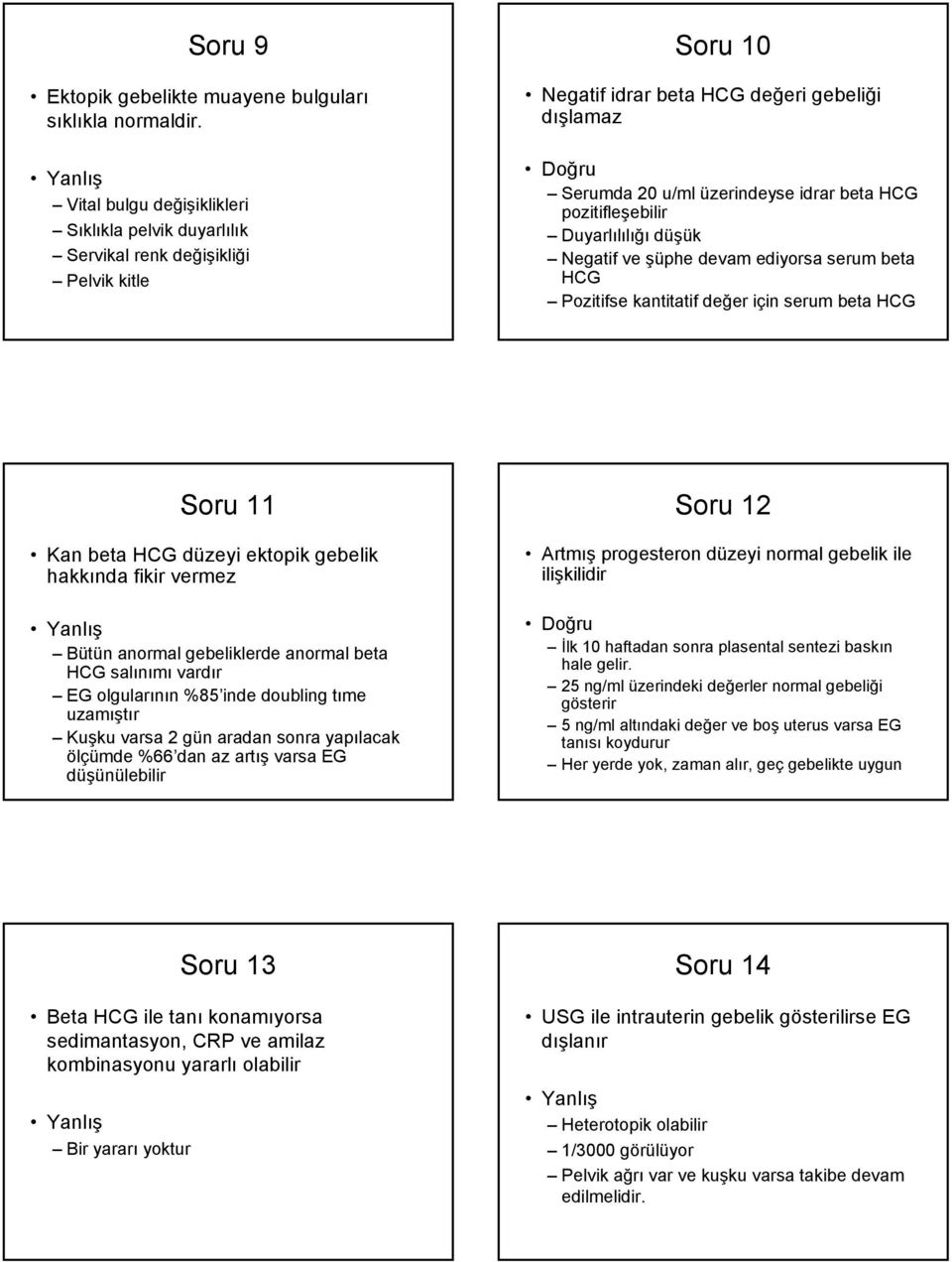 pozitifleşebilir Duyarlılılığı düşük Negatif ve şüphe devam ediyorsa serum beta HCG Pozitifse kantitatif değer için serum beta HCG Soru 11 Kan beta HCG düzeyi ektopik gebelik hakkında fikir vermez