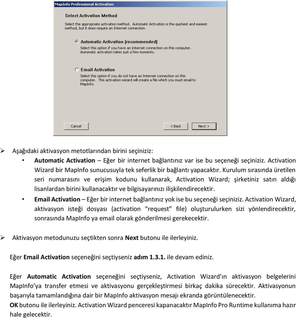 Kurulum sırasında üretilen seri numarasını ve erişim kodunu kullanarak, Activation Wizard; şirketiniz satın aldığı lisanlardan birini kullanacaktır ve bilgisayarınızı ilişkilendirecektir.