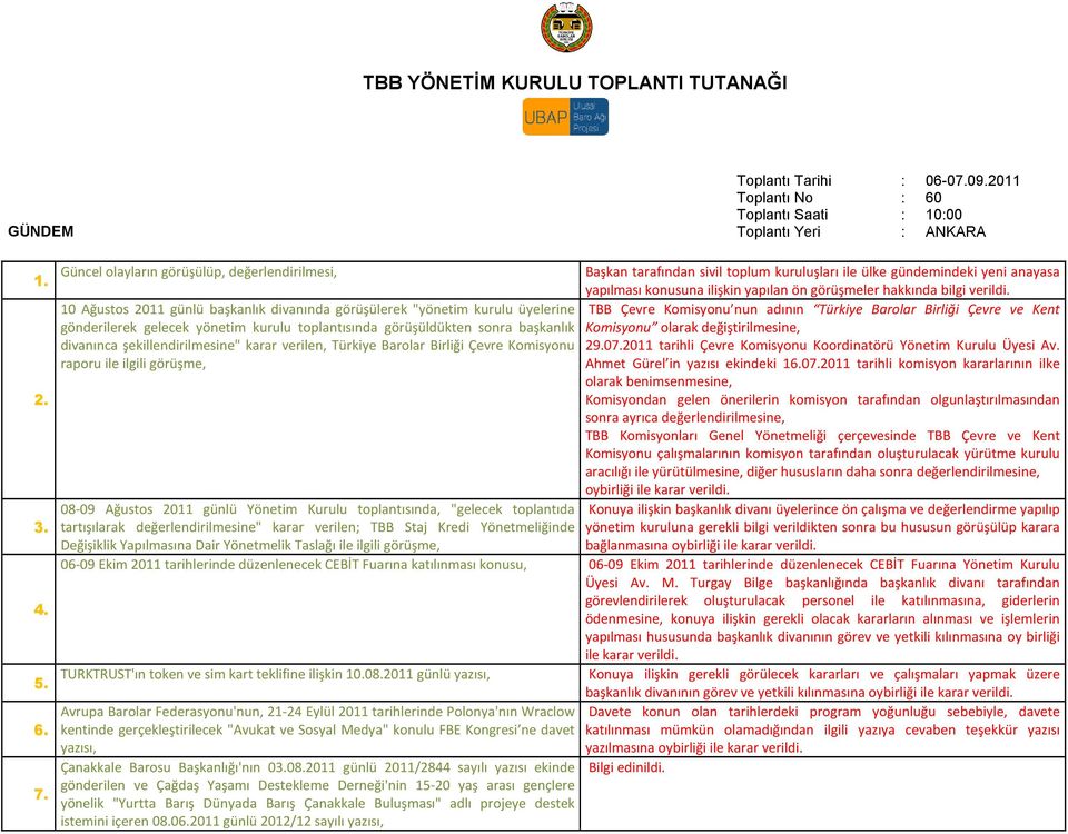 görüşüldükten sonra başkanlık Komisyonu olarak değiştirilmesine, divanınca şekillendirilmesine" karar verilen, Türkiye Barolar Birliği Çevre Komisyonu 29.07.