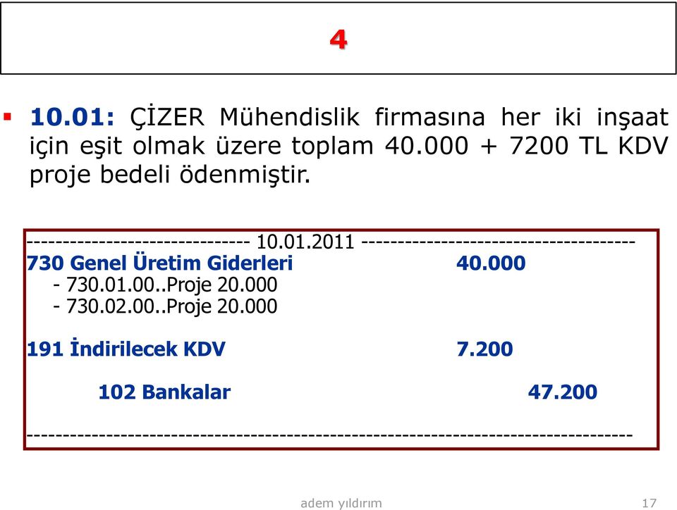 2011 -------------------------------------- 730 Genel Üretim Giderleri 40.000-730.01.00..Proje 20.000-730.02.