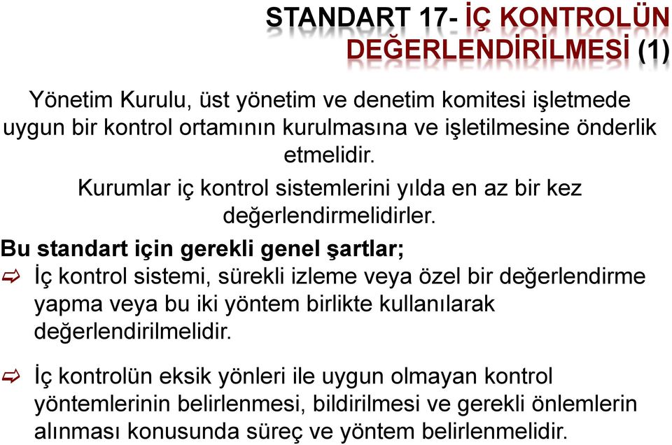 Bu standart için gerekli genel şartlar; İç kontrol sistemi, sürekli izleme veya özel bir değerlendirme yapma veya bu iki yöntem birlikte kullanılarak