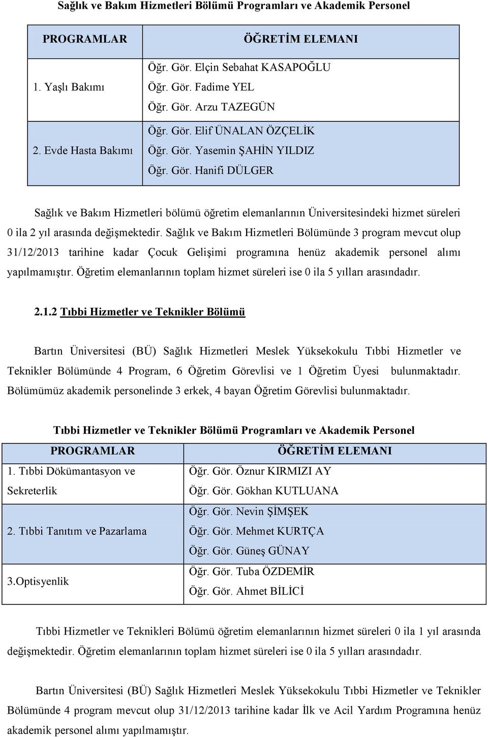 Sağlık ve Bakım Hizmetleri nde 3 program mevcut olup 31/12/2013 tarihine kadar Çocuk Gelişimi programına henüz akademik personel alımı yapılmamıştır.