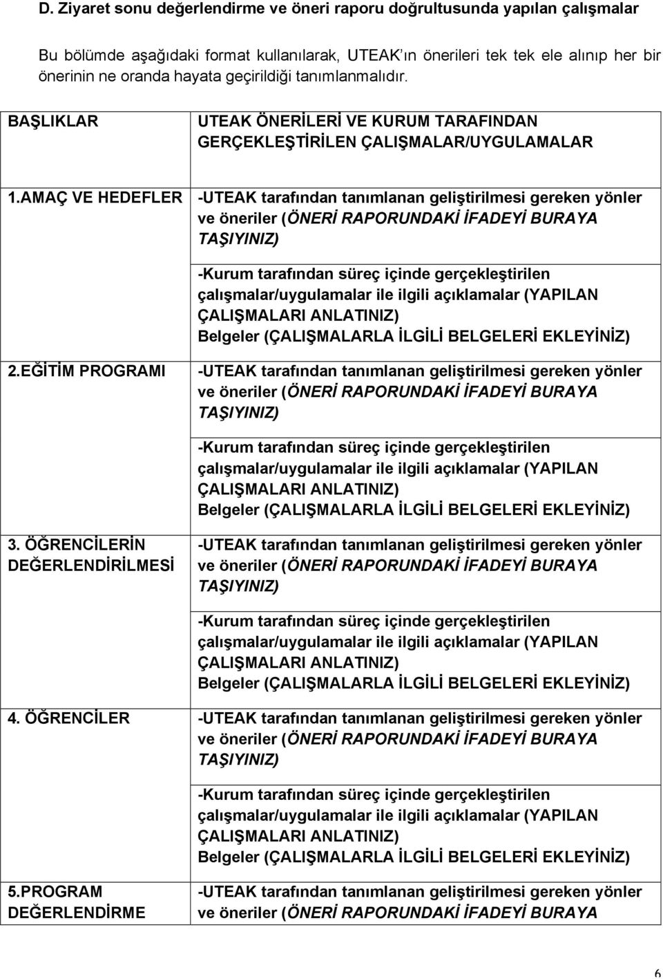 tanımlanmalıdır. BAŞLIKLAR UTEAK ÖNERİLERİ VE KURUM TARAFINDAN GERÇEKLEŞTİRİLEN ÇALIŞMALAR/UYGULAMALAR 1.