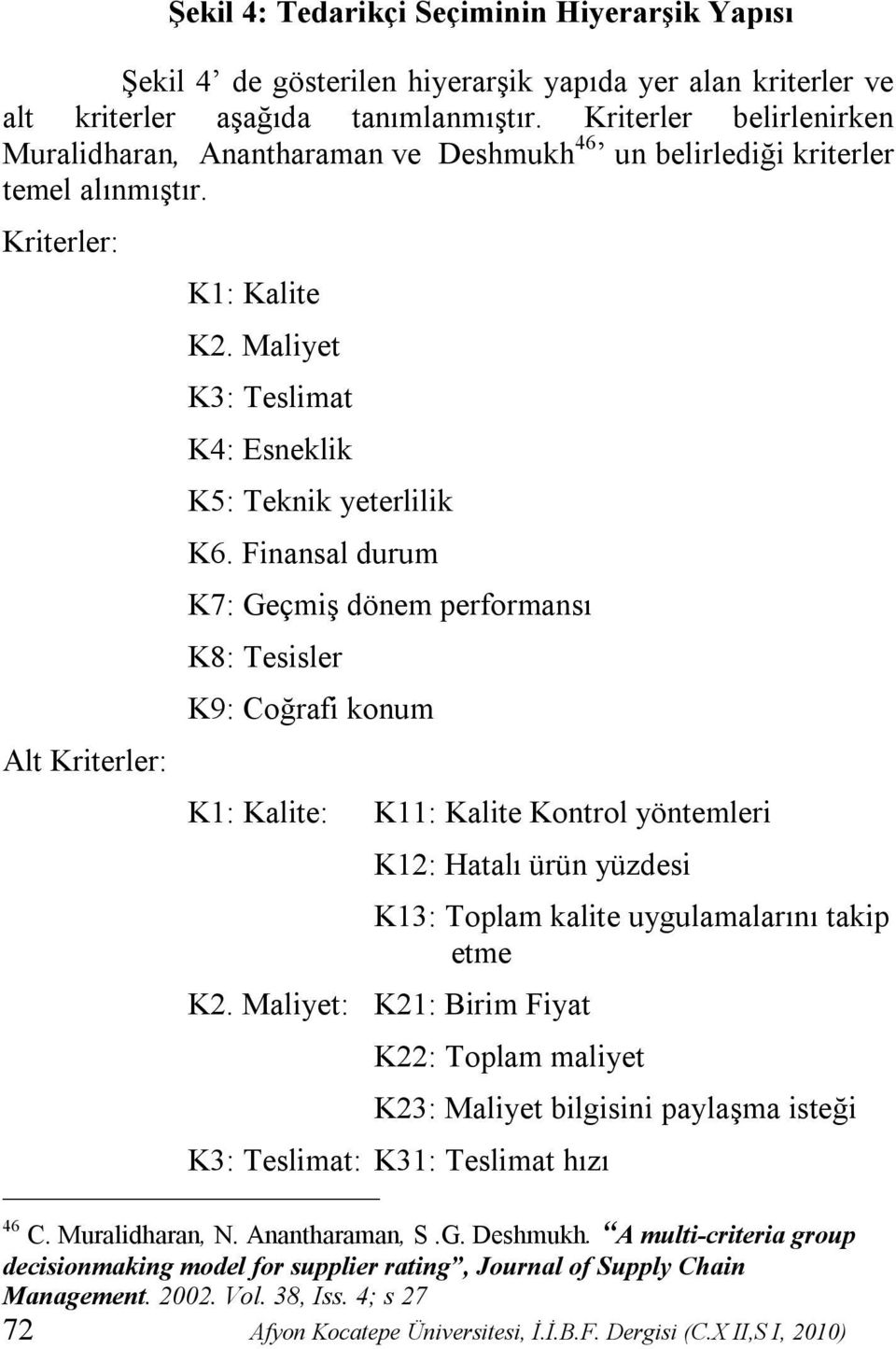 Maliyet K3: Teslimat K4: Esneklik K5: Teknik yeterlilik K6.