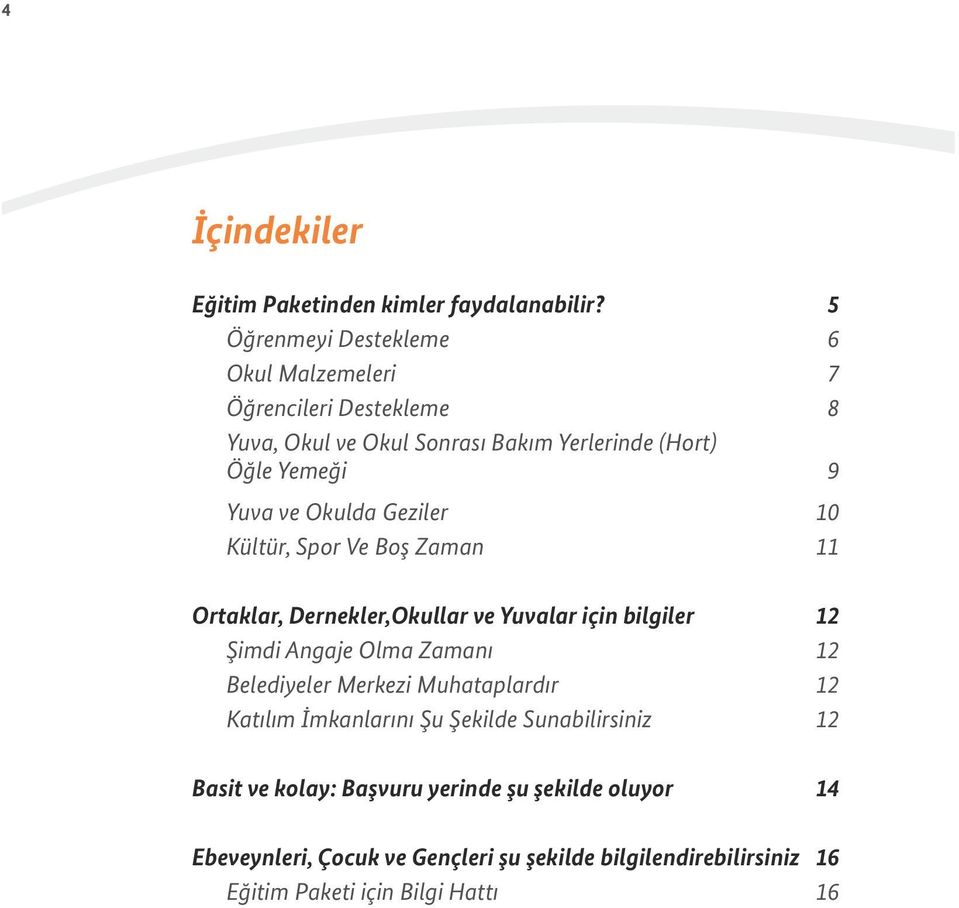 Okulda Geziler 10 Kültür, Spor Ve Boş Zaman 11 Ortaklar, Dernekler,Okullar ve Yuvalar için bilgiler 12 Şimdi Angaje Olma Zamanı 12