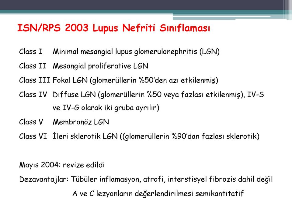 IV-G olarak iki gruba ayrılır) Class V Class VI Membranöz LGN İleri sklerotik LGN ((glomerüllerin %90 dan fazlası sklerotik) Mayıs 2004:
