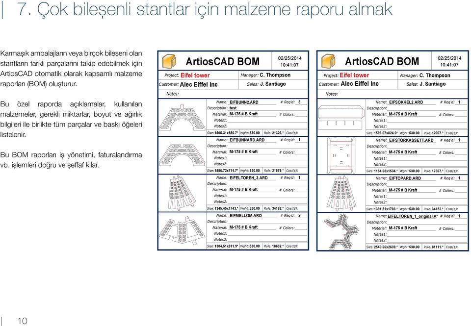 Bu BOM raporları iş yönetimi, faturalandırma vb. işlemleri doğru ve şeffaf kılar. Project: Customer: Notes: ArtiosCAD BOM Eifel tower Alec Eiffel Inc Name: EIFBUNN2.