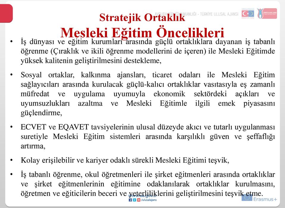 zamanlı müfredat ve uygulama uyumuyla ekonomik sektördeki açıkları ve uyumsuzlukları azaltma ve Mesleki Eğitimle ilgili emek piyasasını güçlendirme, ECVET ve EQAVET tavsiyelerinin ulusal düzeyde