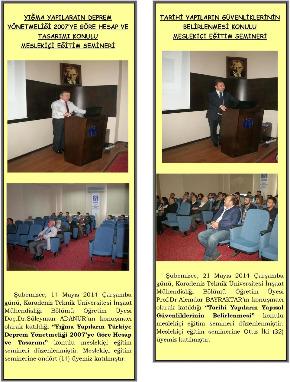 Süleyman ADANUR un konuşmacı olarak katıldığı Yığma Yapıların Türkiye Deprem Yönetmeliği 2007 ye Göre Hesap ve Tasarımı konulu meslekiçi eğitim semineri düzenlenmiştir.