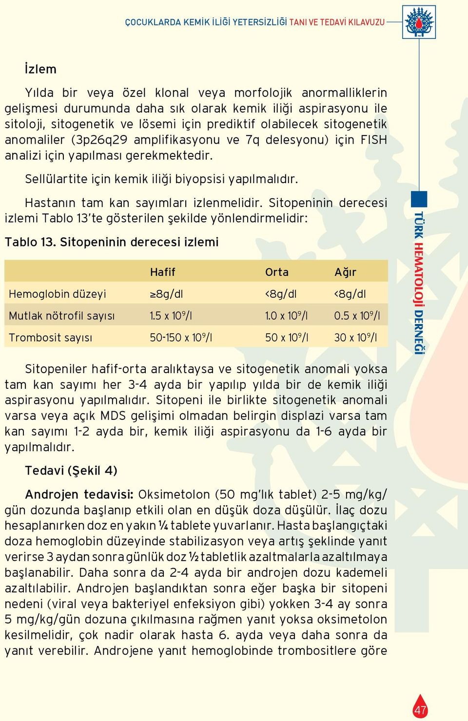 Sellülartite için kemik iliği biyopsisi yapılmalıdır. Hastanın tam kan sayımları izlenmelidir. Sitopeninin derecesi izlemi Tablo 13 te gösterilen şekilde yönlendirmelidir: Tablo 13.