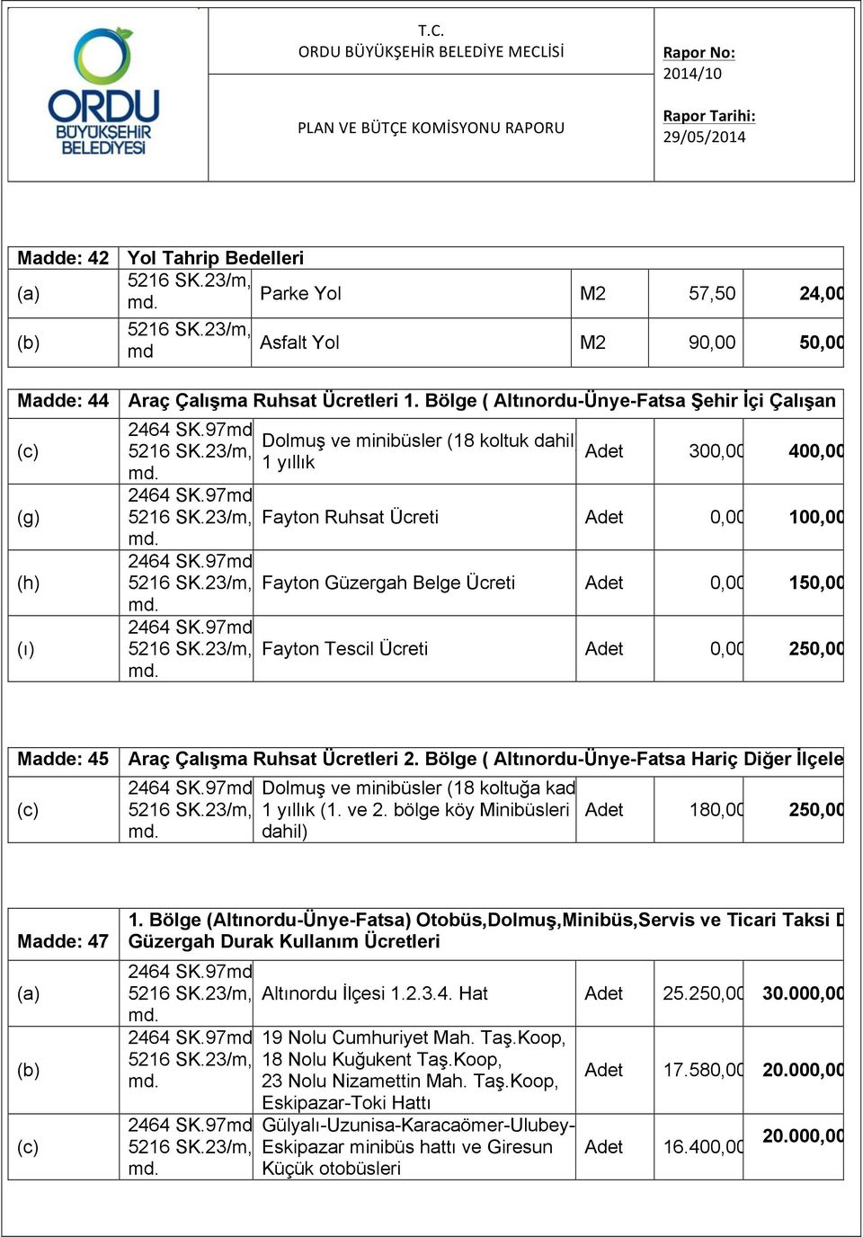 Adet 0,00 150,00 Fayton Tescil Ücreti Adet 0,00 250,00 Madde: 45 Araç Çalışma Ruhsat Ücretleri 2.