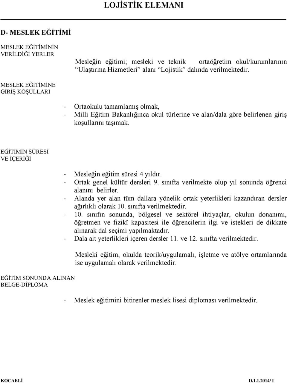 EĞİTİMİN SÜRESİ VE İÇERİĞİ EĞİTİM SONUNDA ALINAN BELGE-DİPLOMA - Mesleğin eğitim süresi 4 yıldır. - Ortak genel kültür dersleri 9. sınıfta verilmekte olup yıl sonunda öğrenci alanını belirler.