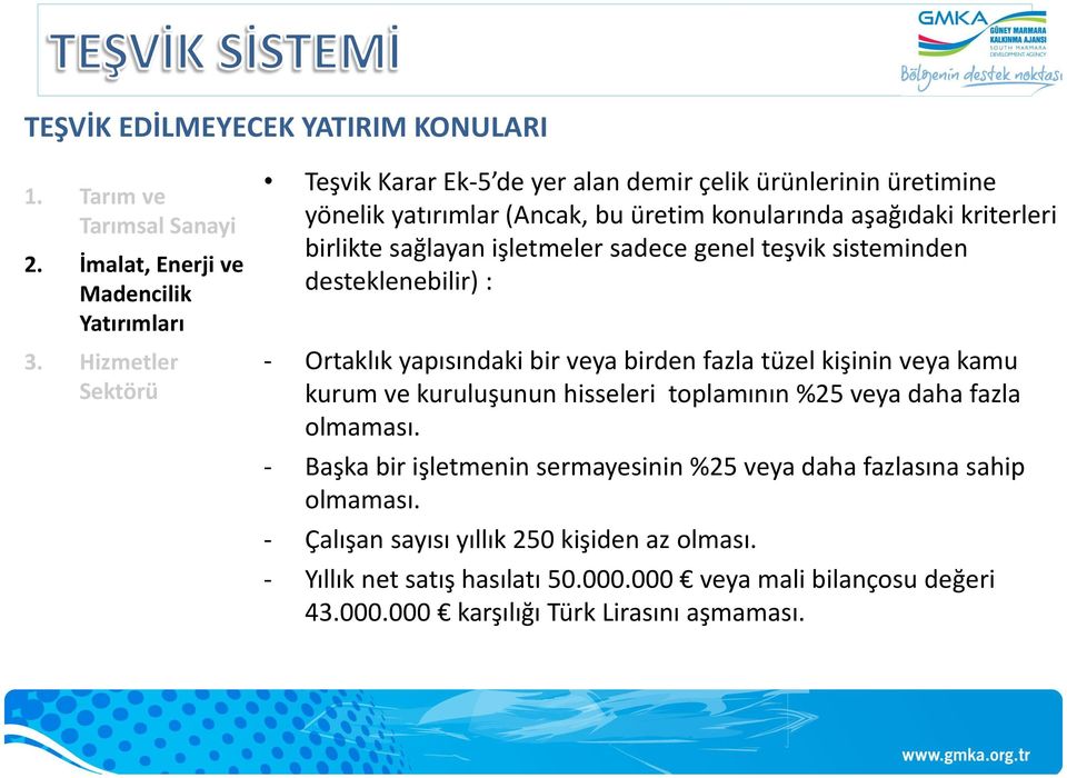 işletmeler sadece genel teşvik sisteminden desteklenebilir) : - Ortaklık yapısındaki bir veya birden fazla tüzel kişinin veya kamu kurum ve kuruluşunun hisseleri toplamının %25