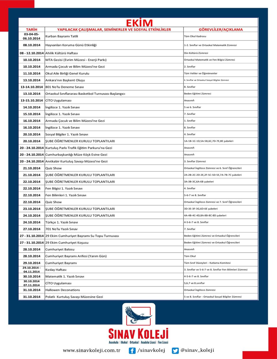 10.2014 Ankara'nın Başkent Oluşu 4. Sınıflar ve Ortaokul Sosyal Bilgiler Zümresi 13-14.10.2014 801 No'lu Deneme Sınavı 8. Sınıflar 13.10.2014 Ortaokul Sınıflararası Basketbol Turnuvası Başlangıcı Beden Eğitimi Zümresi 13-15.