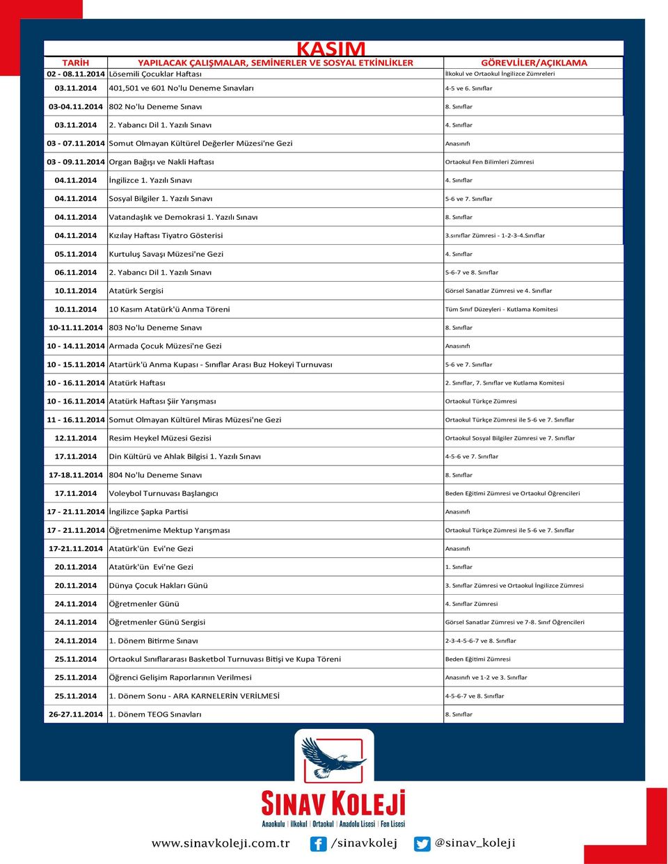 11.2014 İngilizce 1. Yazılı Sınavı 4. Sınıflar 04.11.2014 Sosyal Bilgiler 1. Yazılı Sınavı 5-6 ve 7. Sınıflar 04.11.2014 Vatandaşlık ve Demokrasi 1. Yazılı Sınavı 8. Sınıflar 04.11.2014 Kızılay Haftası Tiyatro Gösterisi 3.