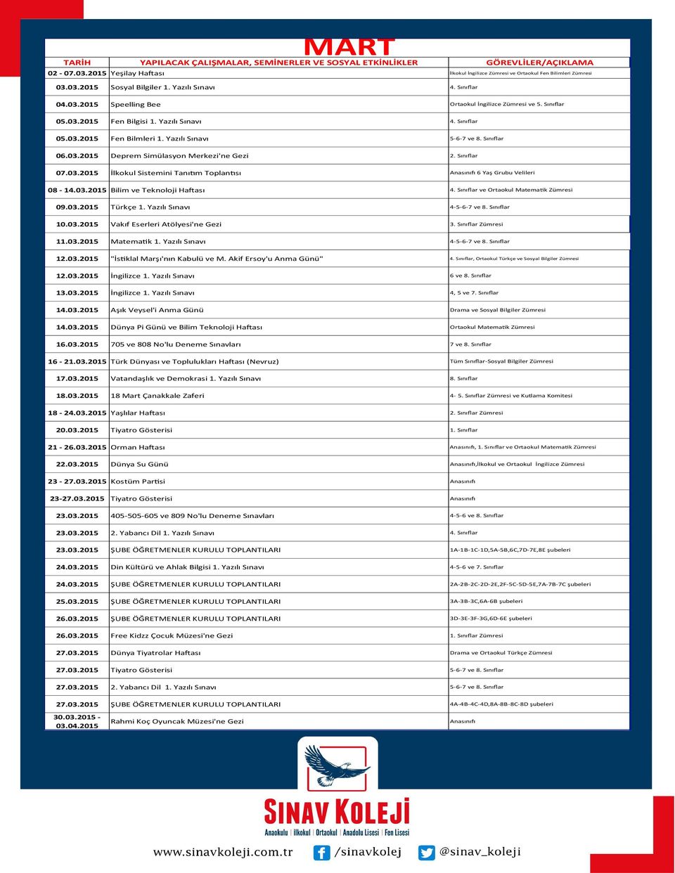 03.2015 Bilim ve Teknoloji Haftası 4. Sınıflar ve Ortaokul Matematik Zümresi 09.03.2015 Türkçe 1. Yazılı Sınavı 4-5-6-7 ve 8. Sınıflar 10.03.2015 Vakıf Eserleri Atölyesi'ne Gezi 3.