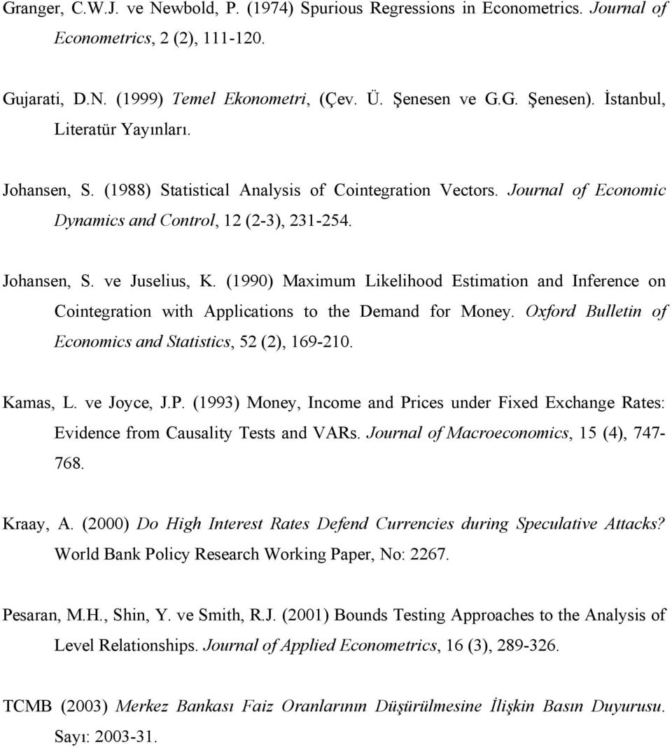 (199) Maxiu Likelihood Esiaion and Inference on Coinegraion wih Applicaions o he Deand for Money. Oxford Bullein of Econoics and Saisics, 5 (), 169-1. Kaas, L. ve Joyce, J.P.