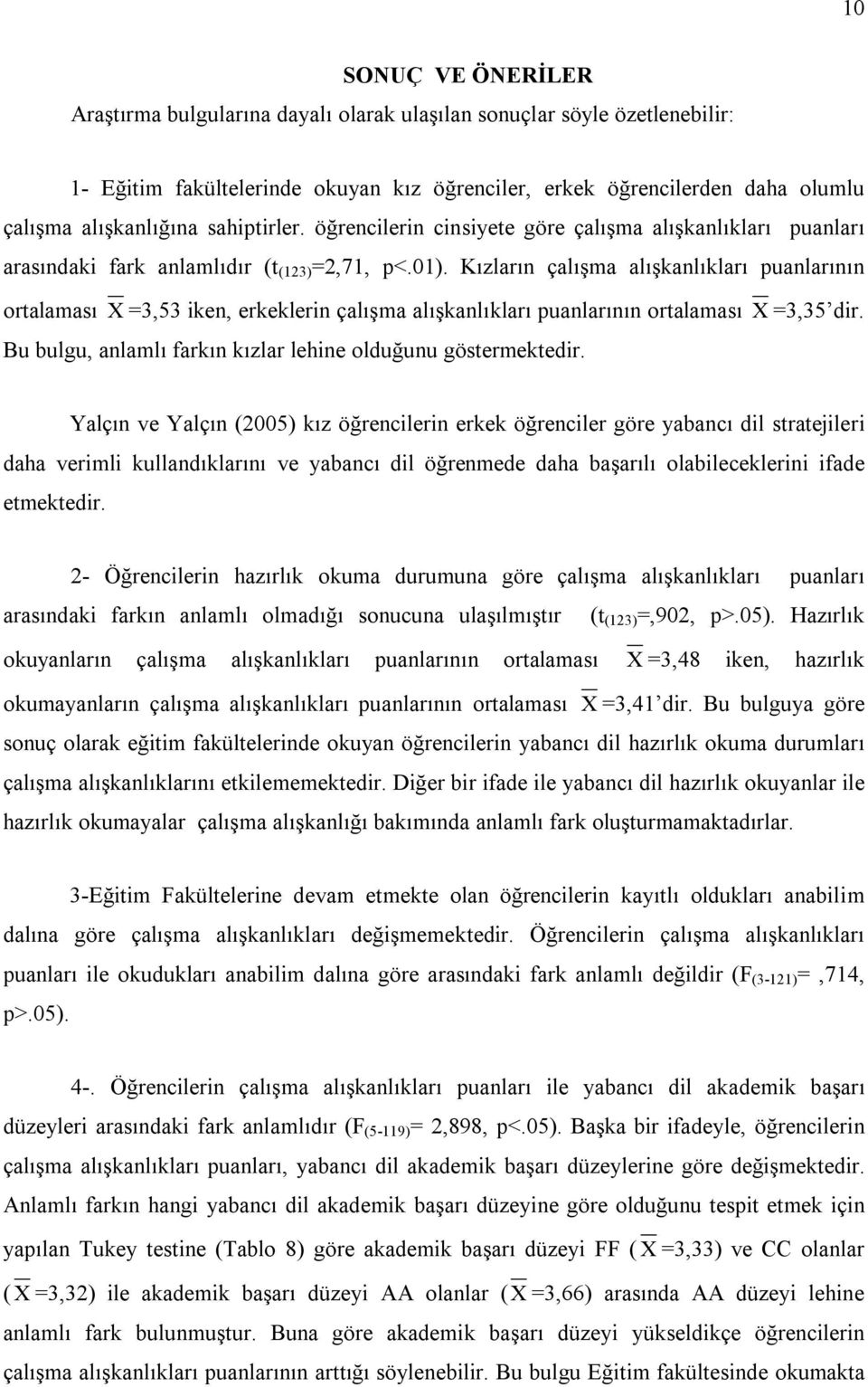 Kızların çalışma alışkanlıkları puanlarının ortalaması X =3,53 iken, erkeklerin çalışma alışkanlıkları puanlarının ortalaması X =3,35 dir.