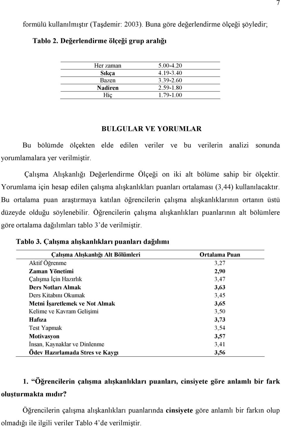 Çalışma Alışkanlığı Değerlendirme Ölçeği on iki alt bölüme sahip bir ölçektir. Yorumlama için hesap edilen çalışma alışkanlıkları puanları ortalaması (3,44) kullanılacaktır.