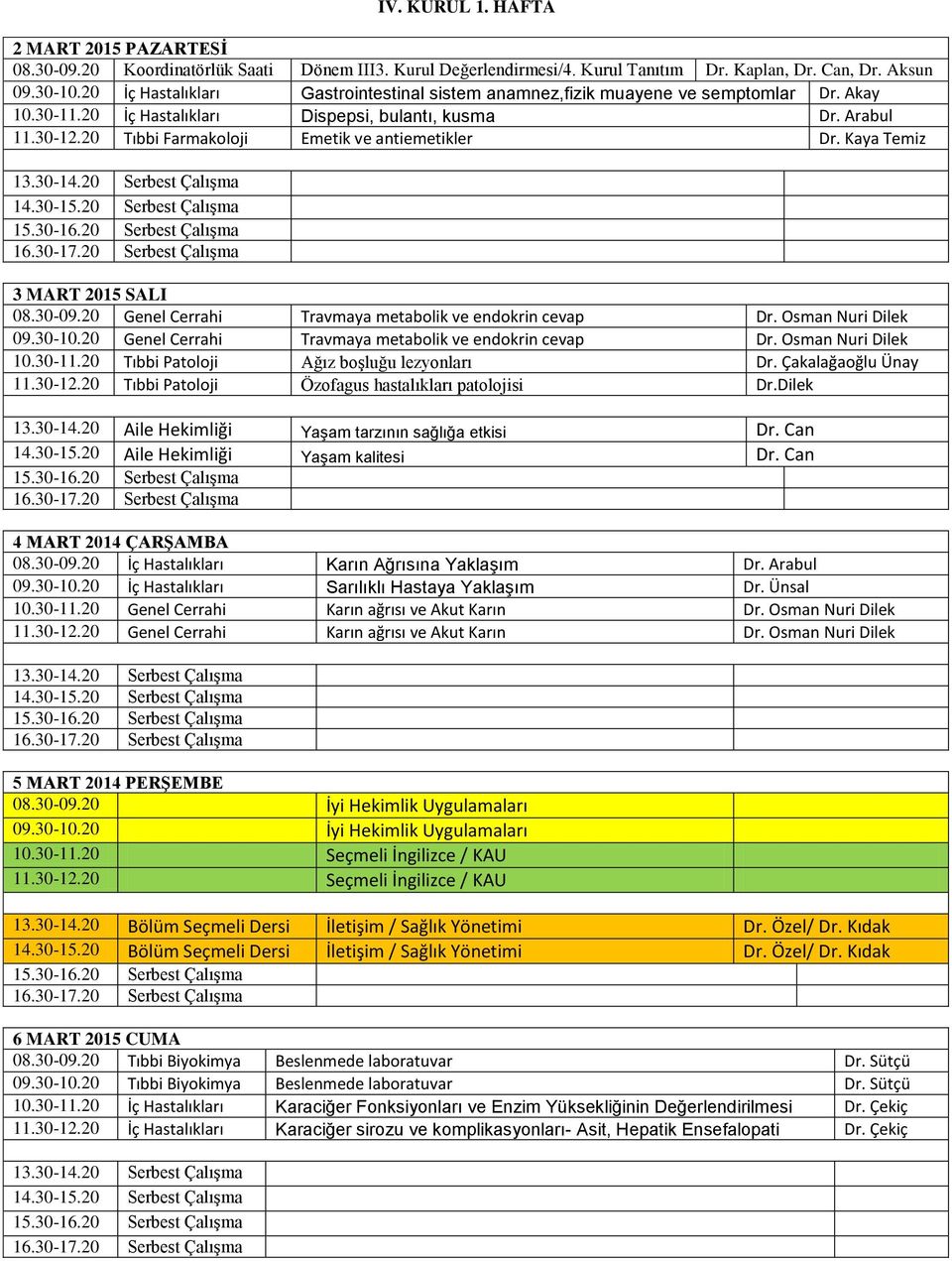 20 Tıbbi Farmakoloji Emetik ve antiemetikler Dr. Kaya Temiz 3 MART 2015 SALI 08.30-09.20 Genel Cerrahi Travmaya metabolik ve endokrin cevap Dr. Osman Nuri Dilek 09.30-10.