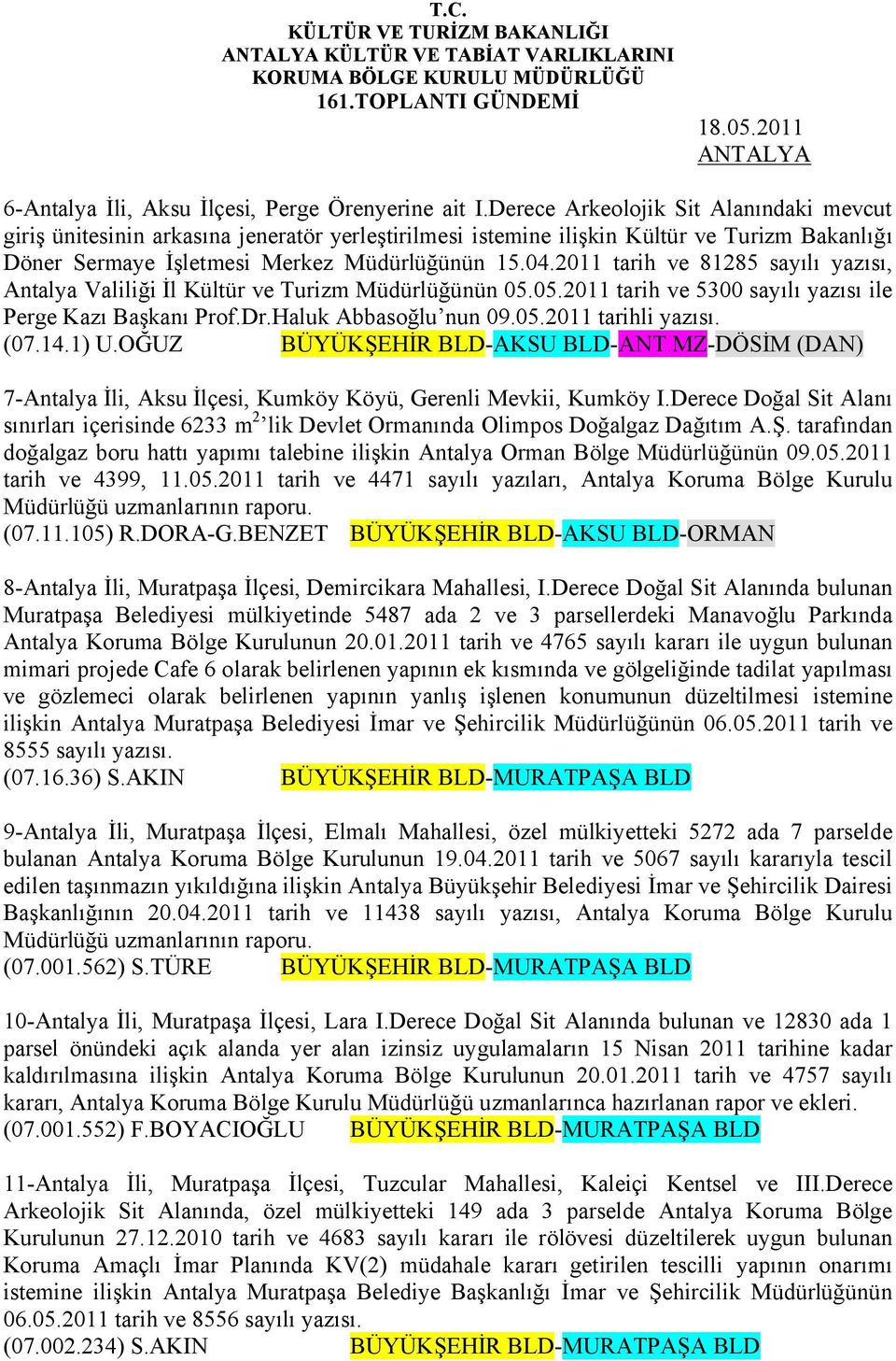 2011 tarih ve 81285 sayılı yazısı, Antalya Valiliği İl Kültür ve Turizm Müdürlüğünün 05.05.2011 tarih ve 5300 sayılı yazısı ile Perge Kazı Başkanı Prof.Dr.Haluk Abbasoğlu nun 09.05.2011 tarihli yazısı.