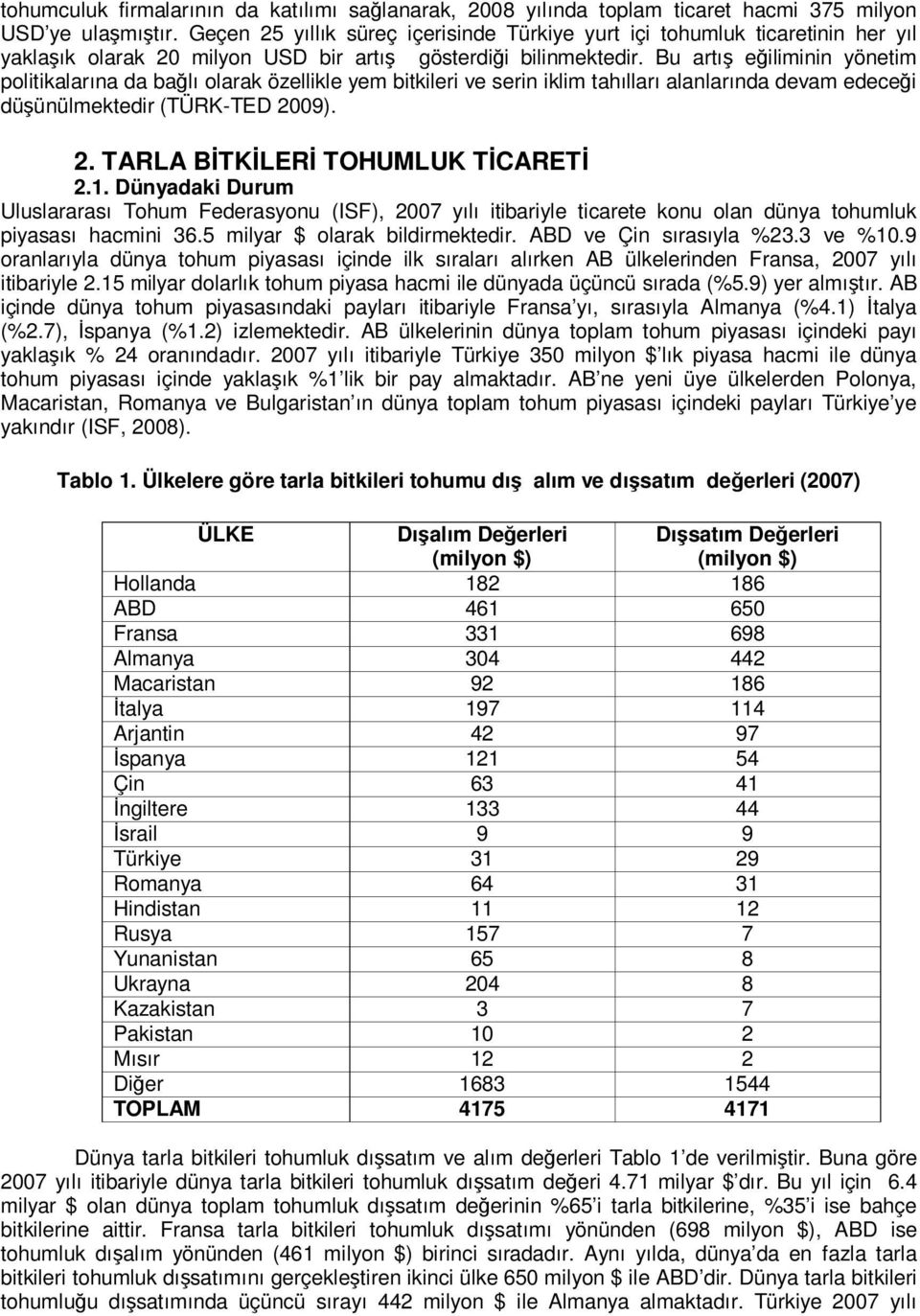 Bu artış eğiliminin yönetim politikalarına da bağlı olarak özellikle yem bitkileri ve serin iklim tahılları alanlarında devam edeceği düşünülmektedir (TÜRK-TED 2009). 2. TARLA BİTKİLERİ TOHUMLUK TİCARETİ 2.