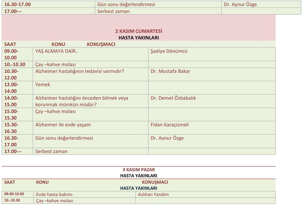 00- Alzheimer hastalığını önceden bilmek veya Dr. Demet Özbabalık 15.00 korunmak mümkün müdür? 15.00- Çay kahve molası 15.