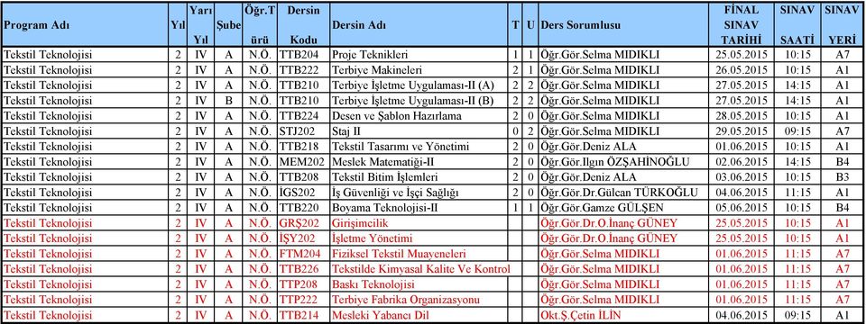 Gör.Selma MIDIKLI 27.05.2015 14:15 A1 Tekstil Teknolojisi 2 IV A N.Ö. TTB224 Desen ve Şablon Hazırlama 2 0 Öğr.Gör.Selma MIDIKLI 28.05.2015 10:15 A1 Tekstil Teknolojisi 2 IV A N.Ö. STJ202 Staj II 0 2 Öğr.