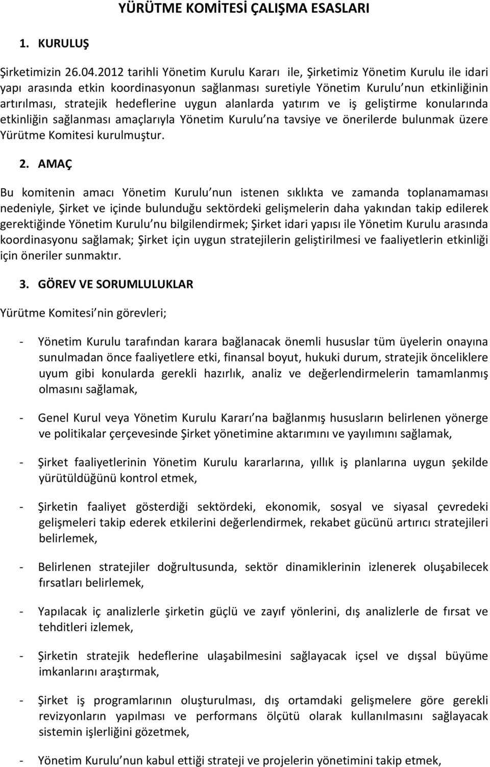 uygun alanlarda yatırım ve iş geliştirme konularında etkinliğin sağlanması amaçlarıyla Yönetim Kurulu na tavsiye ve önerilerde bulunmak üzere Yürütme Komitesi kurulmuştur. 2.