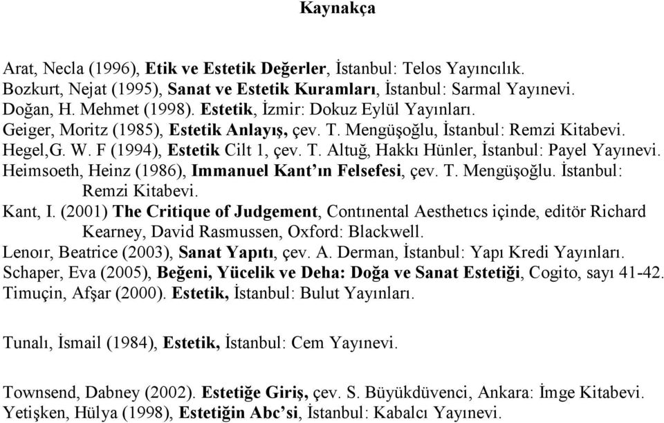 Heimsoeth, Heinz (1986), Immanuel Kant ın Felsefesi, çev. T. Mengüşoğlu. İstanbul: Remzi Kitabevi. Kant, I.