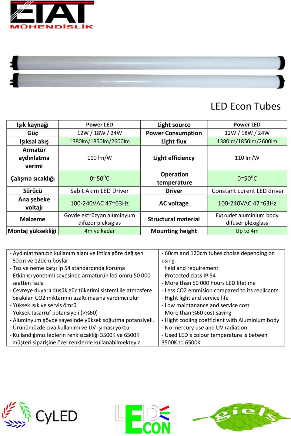 voltage 100-240VAC 47~63Hz Malzeme Gövde ektrüzyon alüminyum difüzör pleksiglas Structural material Montaj yüksekliği 4m ye kadar Mounting height Up to 4m Extrudet aluminium body difuser plexiglass -